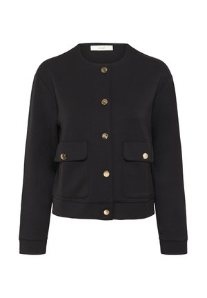 Schwarze, kurze Jacke aus einem weichen Stoff mit Rundhalsausschnitt, goldenen Knöpfen und zwei Fronttaschen mit Klappenverschlüssen.