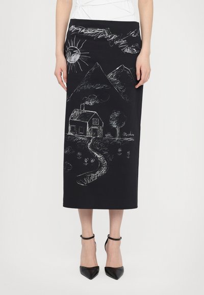 Black midi skirt featuring white chalk-like drawings of a house, sun, trees, and mountains; slim fit with a smooth texture.