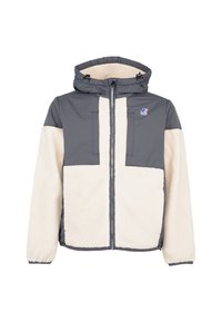 Giacca in pile grigia e crema con cappuccio, dotata di un interno foderato, due tasche anteriori e un logo sul lato sinistro superiore.