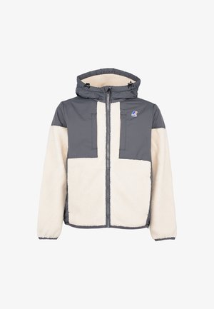 Giacca in pile grigia e crema con cappuccio, dotata di un interno foderato, due tasche anteriori e un logo sul lato sinistro superiore.