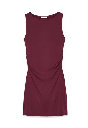 Burgundia ilma varrukatega kleit, mis on valmistatud pehmest kangast, ümarate kaelustega ja külgedel kokku kogutud detailidega, mis loovad voogava efekti.