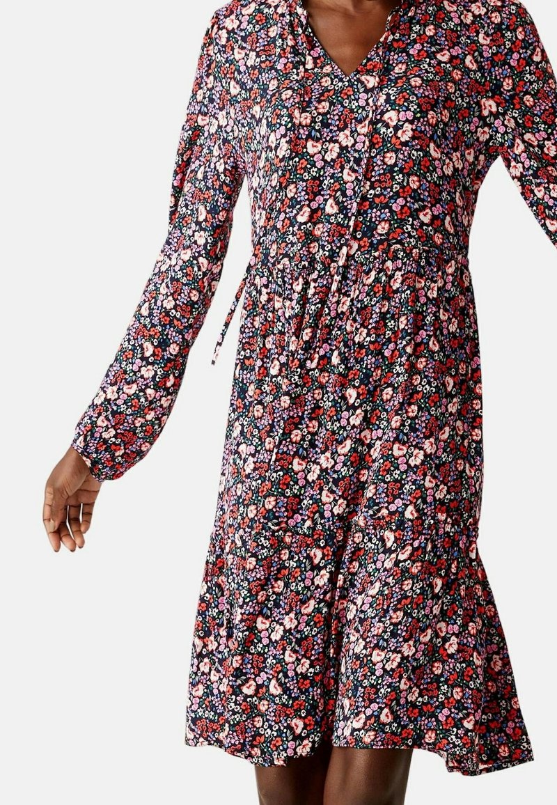 Femme portant une robe à manches longues, longueur genoux, avec un imprimé floral coloré et un décolleté en V sur un fond uni.