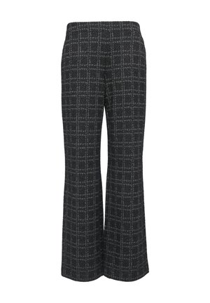 Zwart en grijs geblokte wijde pantalons met een zachte textuur en een elastische tailleband, voorzien van een subtiel ruitpatroon.