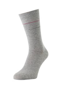 Calcetín de algodón gris con parte superior acanalada, que presenta una franja rosa y un logo cerca del tobillo. Textura suave, diseño de longitud estándar de media.