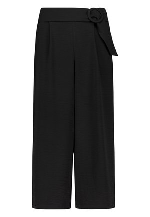 Black wide-leg cropped pants with high waist and fabric belt featuring a circular buckle on the right side.