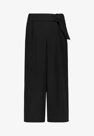 Black wide-leg cropped pants with high waist and fabric belt featuring a circular buckle on the right side.
