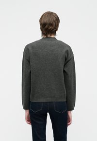 Pessoa com cabelo castanho curto, vestindo um suéter de lã cinza escuro e jeans azul escuro, de pé, voltada de costas contra um fundo branco liso.