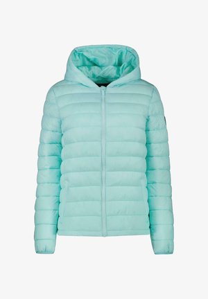Lichtblauwe pufferjack met ritsluiting, capuchon, gestikt patroon en lange mouwen. Glad, glanzend materiaal met een gestructureerde afwerking.