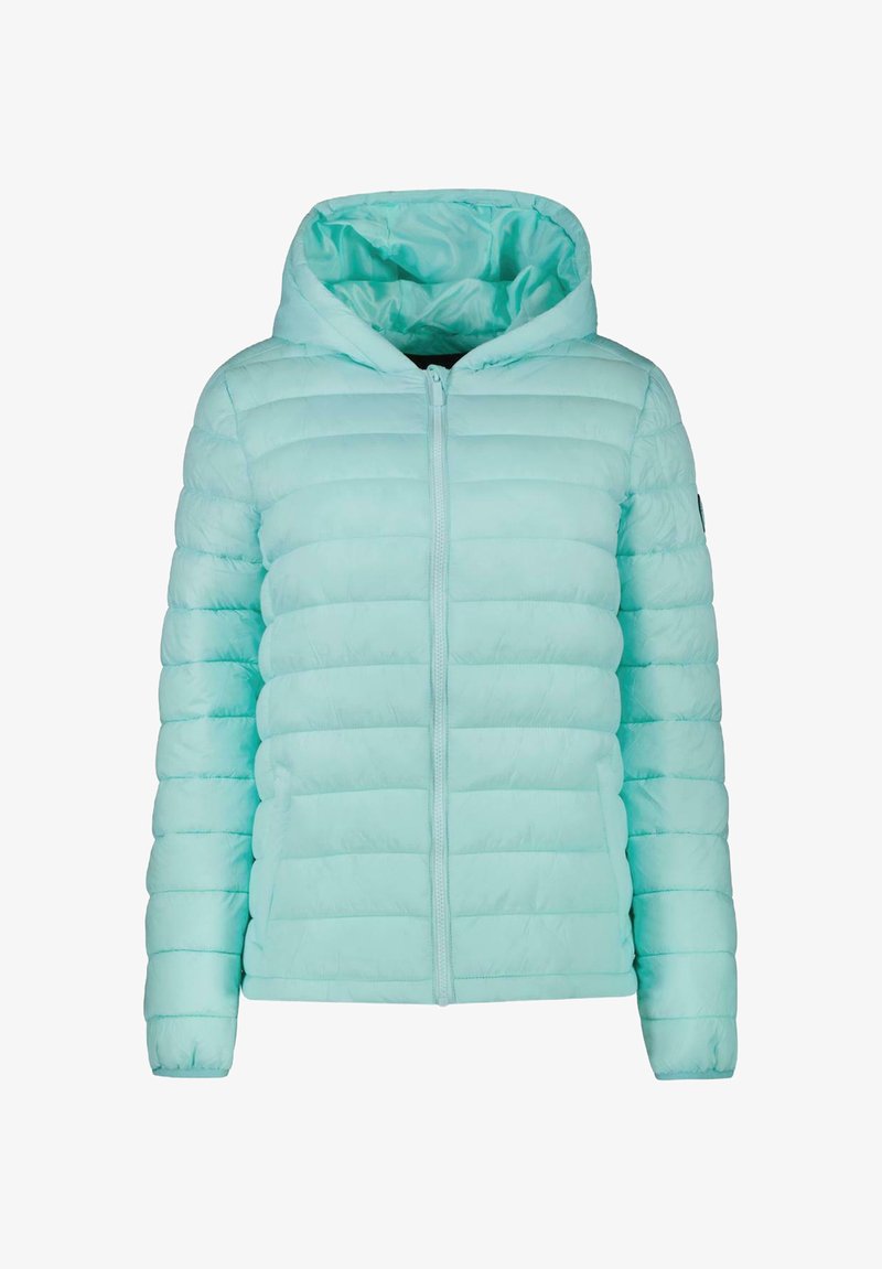 Lichtblauwe pufferjack met ritsluiting, capuchon, gestikt patroon en lange mouwen. Glad, glanzend materiaal met een gestructureerde afwerking.