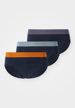 Three pairs of midi briefs in navy, dark blue, and gray, featuring elastic waistbands with "Schiesser" logo and smooth cotton material.