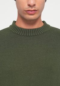Olijfgroen gebreid sweater met een geribde ronde halslijn en een gestructureerde stof. Close-up toont het strakke breiwerk en een consistente kleur.