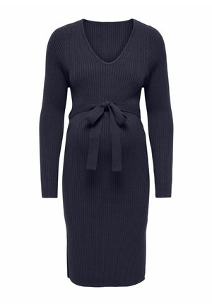 Robe de maternité noire, côtes en tricot, longueur genou, manches longues, col en V, ceinture en tissu nouée au-dessus du ventre.