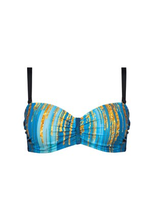 Niebieski i żółty biustonosz bikini w pasy z teksturowanej tkaniny, z wyprofilowanymi miseczkami i regulowanymi czarnymi ramiączkami, z zebranym wykończeniem na środku.