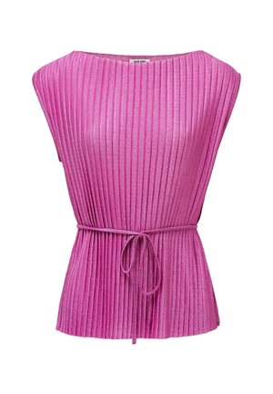 Sleeveless ribbed pink knit top with boat neckline and a thin belt tied around the waist.