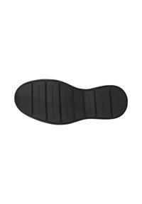 Suola di scarpa in gomma nera caratterizzata da scanalature orizzontali e creste, con punta arrotondata liscia e tacco curvo per una migliore trazione e flessibilità.