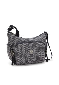 Gray patterned crossbody bag with adjustable strap, textured fabric, silver hardware, front zipper pocket, and logo detail on the side.