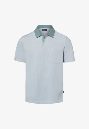 Hellblaues Polohemd mit kurzen Ärmeln, türkisfarbenem Kragen und Brusttasche, mit zwei Knöpfen unter dem Kragen.