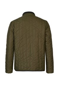 Gestepptes olivgrünes Jacket mit Stehkragen, langen Ärmeln und schwarzem Besatz. Verfügt über eine rautenförmige Steppnaht und einen geraden Saum.