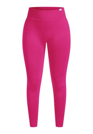 Fuchsia leggins med en bred elastisk talje. Fremstillet af glat, strækbart materiale, har de en tætsiddende design, der går ned til ankel længde.