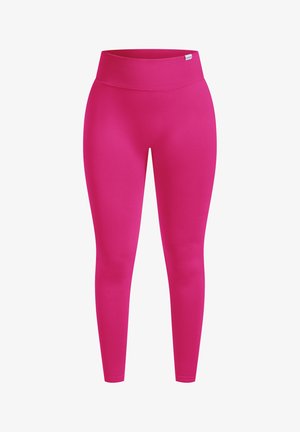 Fuchsia leggins med en bred elastisk talje. Fremstillet af glat, strækbart materiale, har de en tætsiddende design, der går ned til ankel længde.