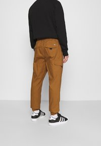 Pantalons cargo marron avec élastiques aux chevilles, comportant plusieurs poches. Associés à des chaussures de sport noir et blanc rayées et un haut noir.