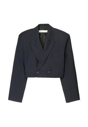 Cropped dark navy blazer made of textured fabric features a double-breasted front, sharp lapels, and two buttons with a slim fit design.