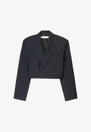 Cropped dark navy blazer made of textured fabric features a double-breasted front, sharp lapels, and two buttons with a slim fit design.