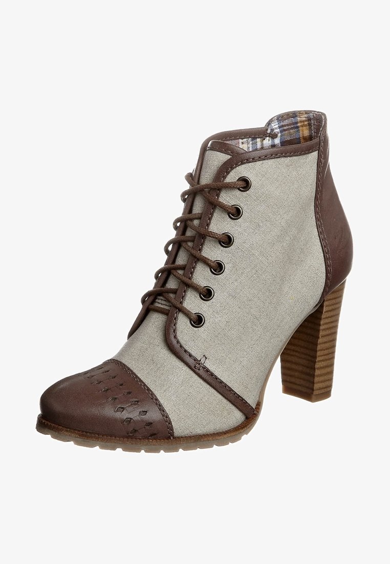 Bottine femme en tissu beige, bout et talon en cuir marron, lacets à l'avant, doublure intérieure à carreaux et talon haut en bois empilé.