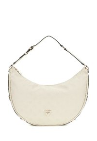 Borsa a spalla in finta pelle beige a forma di mezza luna, con chiusura a zip e dettagli neri. Presenta un motivo logo discreto e accessori in oro.