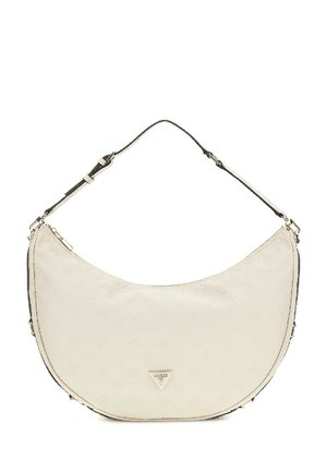 Borsa a spalla in finta pelle beige a forma di mezza luna, con chiusura a zip e dettagli neri. Presenta un motivo logo discreto e accessori in oro.