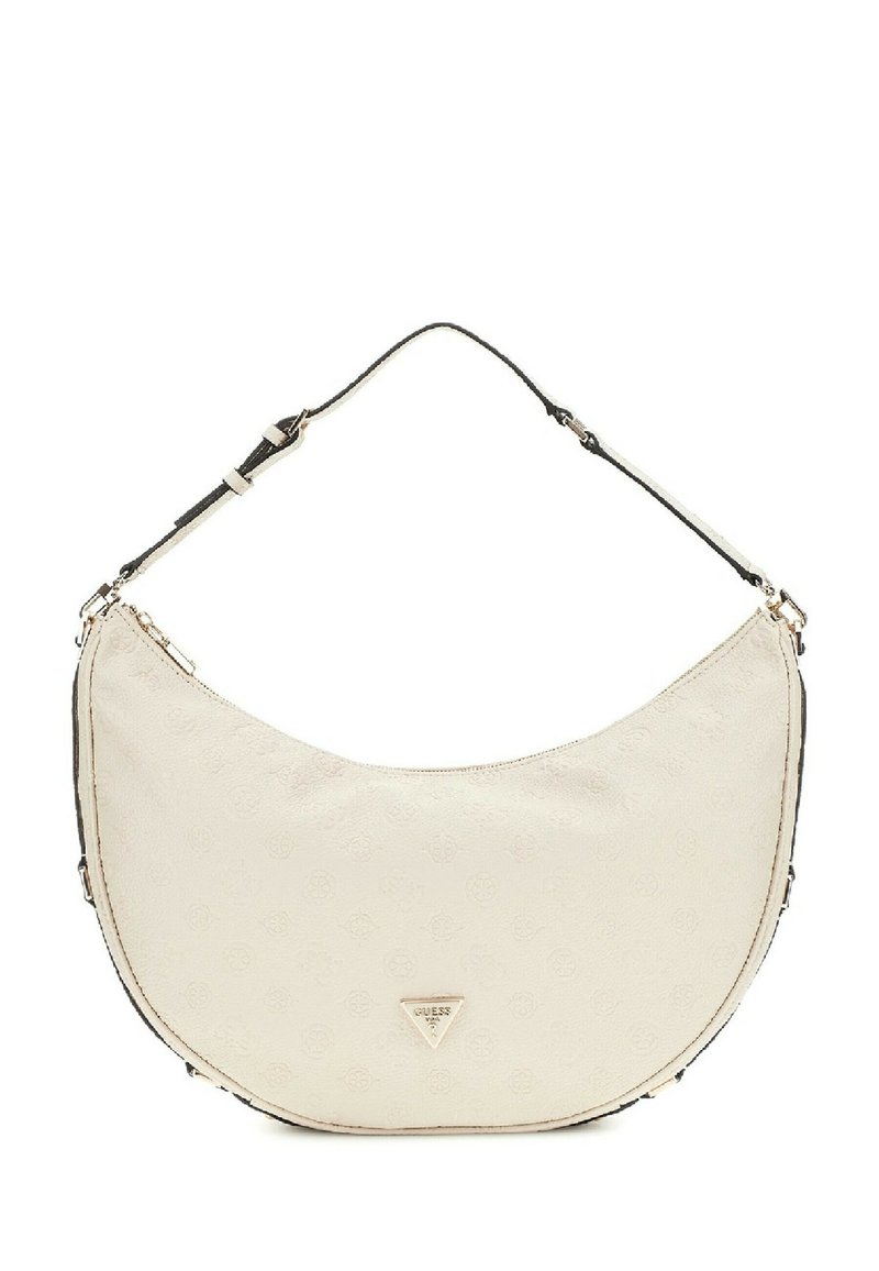 Borsa a spalla in finta pelle beige a forma di mezza luna, con chiusura a zip e dettagli neri. Presenta un motivo logo discreto e accessori in oro.