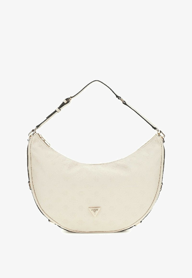 Borsa a spalla in finta pelle beige a forma di mezza luna, con chiusura a zip e dettagli neri. Presenta un motivo logo discreto e accessori in oro.