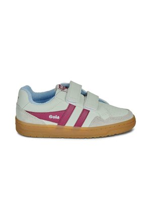 White and pink Gola sneaker with two Velcro straps, gum sole, and light blue inner lining, shown in side profile on a white background.