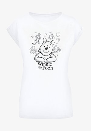 Biała koszulka z graficznym nadrukiem Kubusia Puchatka i jego przyjaciół w czarnym obrysie, z zabawnymi elementami takimi jak serduszka i balon.