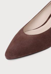 Gros plan d'une chaussure plate en daim marron à bout pointu avec une doublure intérieure beige et une semelle noire basse.