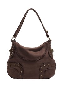 Braune Ledertasche mit Nietenakzenten, einem lässigen Design und einem einzelnen Schulterriemen. Sie verfügt über eine glatte Textur und geschwungene Formen.