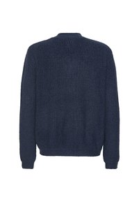 Marineblauwe, lange mouwen gebreide trui met ribbeltextuur, ronde hals en aansluitende manchetten en zoom.