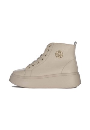 Beżowe sneakersy wysokie wykonane ze skóry, z okrągłym logo, sznurowanym przodem i grubą platformą. Gładka tekstura i minimalistyczny design.