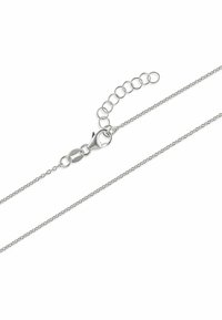 Sølv kæd necklace med drejet design, en lås med fjeder mekanisme, og justerbar længde med cirkulære led.