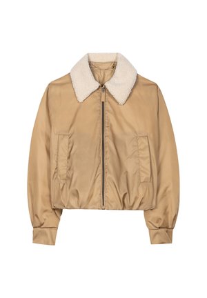 Beige, kurz geschnittene Bomberjacke mit einem weichen, off-white Fleece-Kragen, Frontreißverschluss und zwei Seitentaschen. Glatte Oberfläche und geraffte Bündchen.