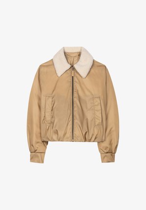 Tan cropped bomber jacket with a soft, off-white fleece collar, front zip, and two side pockets. Smooth exterior and gathered cuffs.