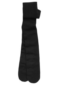 Chaussettes noires montantes avec une texture lisse et un repli en haut, présentant un design classique sans motifs ni accents.