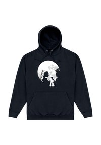 Felpa con cappuccio nera in materiale felpato, con una grafica bianca di un teschio circondato da una luna piena e silhouette di uccelli e figure.