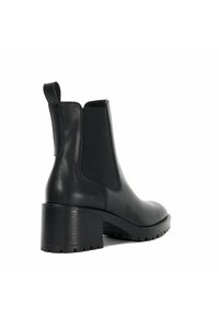 Black leather ankle boot with elastic side panels, rounded toe, and a textured block heel. Features a pull tab for easy wear.