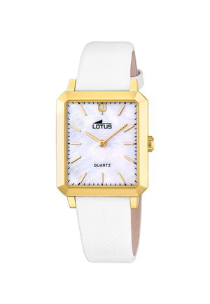 Zlata pravokotna ohišje ure z belo teksturirano številčnico, zlatimi urarnimi oznakami in kazalci, en sam kristal na 12. uri, bel usnjen pašček, blagovna znamka Lotus Quartz.