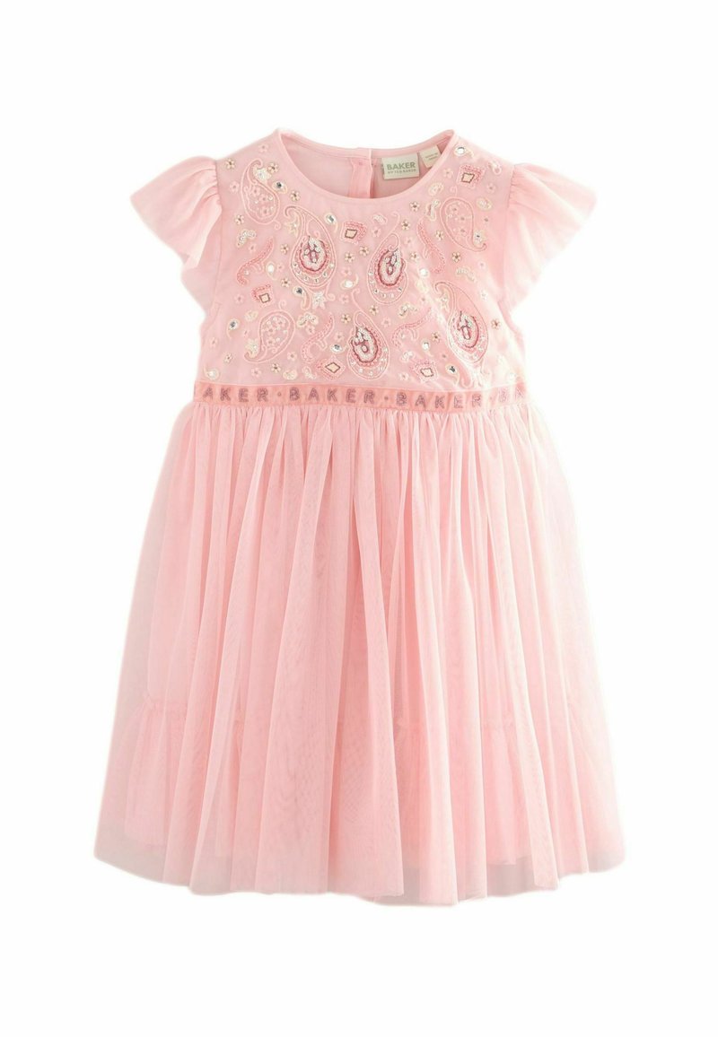 Rosa Kleid mit kurzen, gerafften Ärmeln, verziertem Oberteil mit Paisley- und Juwelenmustern sowie einem geschichteten Tüllrock.