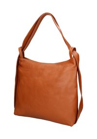 Bruine leren schoudertas met een zachte textuur, een ruime indeling en een afneembare schouderriem. Heeft een eenvoudige, minimalistische vorm.