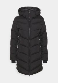Abrigo puffer negro con capucha, con cierre de cremallera, diseño acolchado y puños de canalé. Material ligero y corte hasta la rodilla.