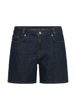 Shorts di jeans blu scuro con bottone frontale, cerniera, passanti per cintura e cinque tasche, mostrati su sfondo bianco.