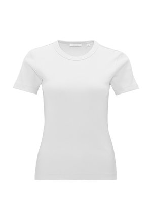 T-shirt blanc à côtes avec des manches courtes, un col rond et une coupe ajustée. Le matériau semble doux avec une texture lisse.